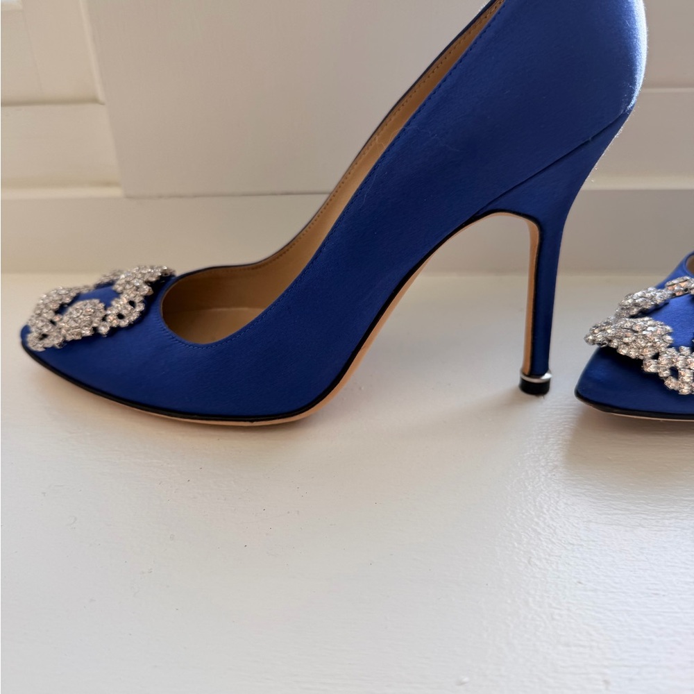 Manolo Blahnik Blue Satin Pumps with Crystal Embellishments - Picture 3 of 6
